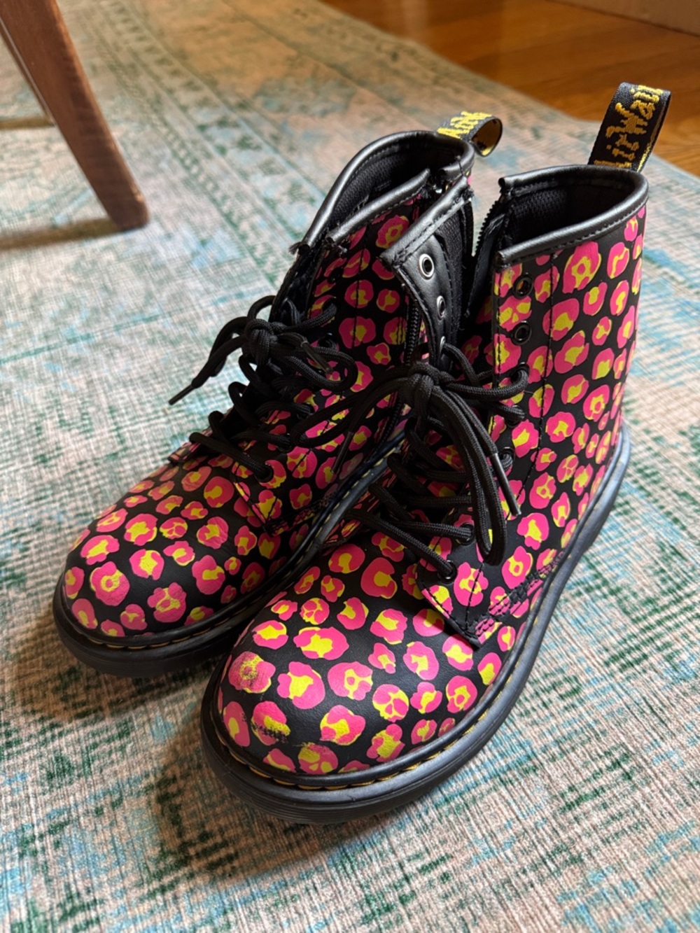 Dr. Martens Kids Leopard-Print Lace-Up Boots in Pink & Yellow